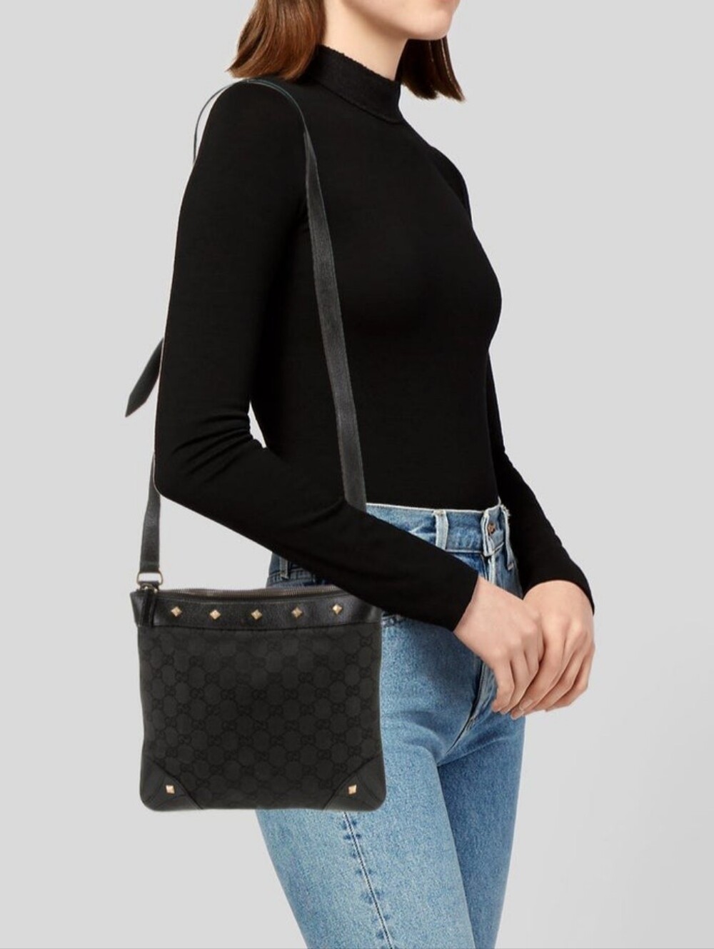 Black GG Monogram Shoulder Bag with Gold Stud Accents - Picture 4 of 16